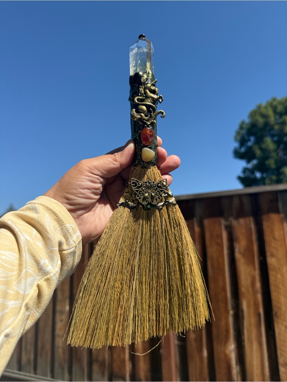 Handmade Clear Quartz & Fire Quartz Unicorn Besom Altar Broom